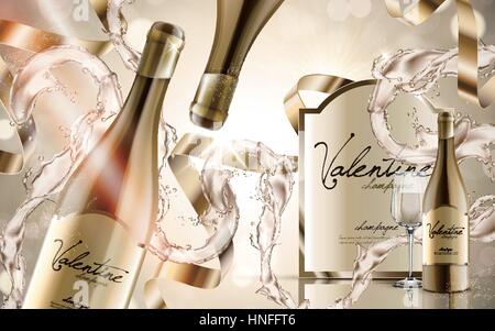 Champagne contenu dans les bouteilles de vin avec la lumière d'or et d'argent les rubans, valentine's day limited special, 3d illustration Illustration de Vecteur