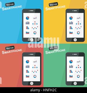 Smartphone avec icône stat sur arrière-plan différent ( plate ) ( icône Statistiques : graphique , diagramme en barres , ligne graphique , pictogramme , organigramme , Illustration de Vecteur