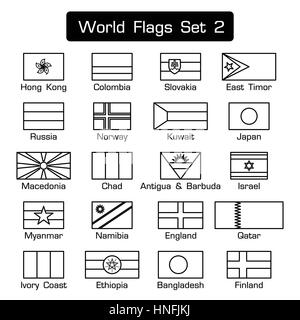 Drapeaux du monde set 2 . simple style et design plat . d'épaisseur contours . noir et blanc . Illustration de Vecteur