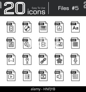 L'icône Fichiers set 5 ( mp4 , iso , milieu , apk , feo , bak , BAT , bmp , tif , rar , CSS , encre , kml , ico , ogg , mpg , 3gp , swf , flv , wma ) Illustration de Vecteur