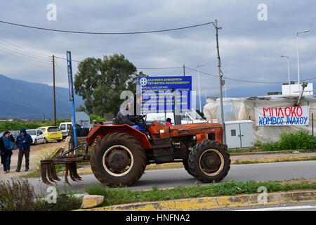 Argos, Grèce, le 12 février 2017. Les agriculteurs et les éleveurs de l'Argolide a fait deux heures de blocus de la route nationale à la sortie de Corinthe Argos Inach Banque D'Images