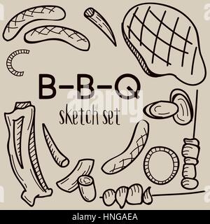 Grill et barbecue vector jeu de croquis. Éléments de conception à la main. Illustration de Vecteur