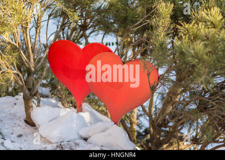 Deux coeurs rouges debout dans la neige à la Saint-Valentin Banque D'Images