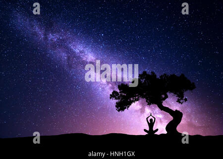 Voie Lactée avec arbre et silhouette d'une femme assise la pratique du yoga. Beau paysage avec fille méditant sous l'arbre contre un ciel étoilé avec Banque D'Images