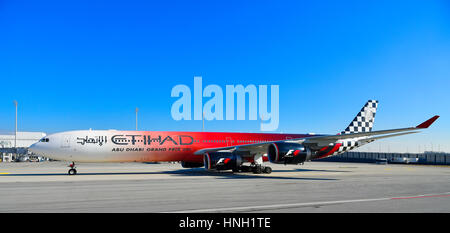 Etihad Airways, Grand Prix d'Abu Dhabi, l'Airbus A 340-600, Terminal 1, Munich, Berlin, Allemagne Banque D'Images