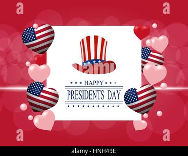 Presidents' Day. Carte de vœux. L'inscription aux souhaits de bonheur. Chapeau stylisé et le cœur dans les couleurs du drapeau. Illustration de Vecteur