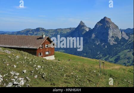 Scène d'été en Suisse. Vue depuis le mont, Stoos Mythen. Ferme et verte prairie. Banque D'Images