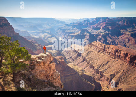 Un male hiker est debout sur une falaise abrupte en profitant de la vue incroyable sur la célèbre Grand Canyon sur une belle journée ensoleillée avec ciel bleu, Arizona, USA Banque D'Images