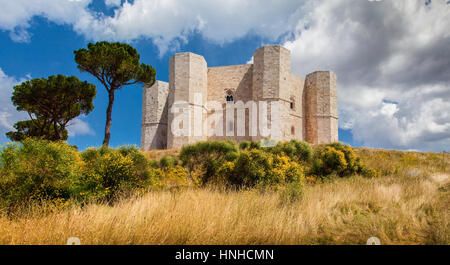 Vue panoramique du célèbre Castel del Monte, le château historique construit en forme octogonale par l'empereur Frédéric II, Pouilles, Italie Banque D'Images