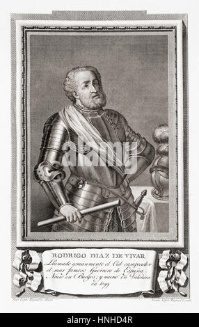 Rodrigo Díaz de Vivar, c.1040 - 1099, alias El Cid, El Hotel Nobel ou Rodrigo. Noble castillan et chef militaire en Espagne médiévale. Après une gravure dans Retratos de Los Españoles Ilustres, publié à Madrid, 1791 Banque D'Images