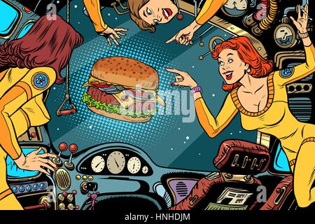 Les femmes astronautes dans la cabine d'un vaisseau spatial et Burger restauration rapide. Comics Vintage Retro pop art illustration couleur Illustration de Vecteur