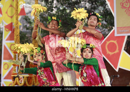 Dhaka, Bangladesh. Feb 13, 2017. Artistes bangladais effectuer la danse pour célébrer le Pahela Falgun (premier jour du printemps) au campus de l'Université de Dacca à Dhaka, Bangladesh, le 13 février 2017. Le Bangladesh en Pahela Falgun est marqué avec célébration coloré et traditionnellement, les femmes portent des saris jaunes et l'homme porter Panjabi pour célébrer cette journée. Célébration de Falgun Pahela Bosonto Utsob est connu sous le nom. Credit : Suvra Kanti Das/ZUMA/Alamy Fil Live News Banque D'Images