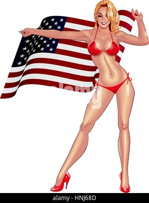 Belle lady in red bikini avec forme USA flag isolé sur fond blanc. Illustration de Vecteur