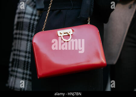 MILAN - JANUARY 15: Man with red tartan coat and red Supreme Louis Vuitton  bag before Represent fashion show, Milan Fashion Week street style on Janua  Stock Photo - Alamy