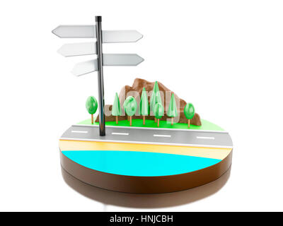 3D illustration. Voyage avec singpost avec vue incroyable. Concept de voyage. Isolé sur fond blanc Banque D'Images