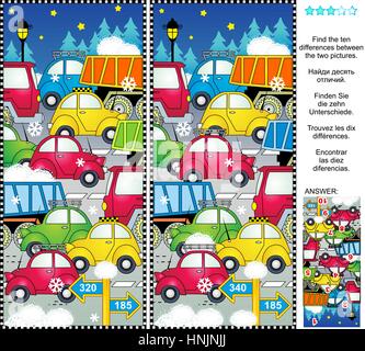 Embouteillage d'hiver photo puzzle : trouver les 10 différences entre les deux photos de voitures et de camions sur les routes, la neige, etc. Réponse inclus. Illustration de Vecteur