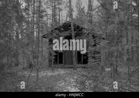 Spooky cabin in the woods (noir et blanc) Banque D'Images