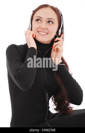 Portrait of smiling teenage girl with headphones isolated on white Banque D'Images