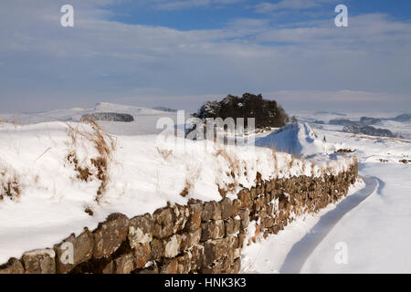 Mur d'Hadrien : à l'est sur les rochers à proximité de Housesteads Milecastle 37 (qui est en grande partie masquée par la neige profonde) Banque D'Images