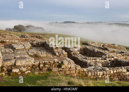 Mur d'Hadrien, Fort romain de Housesteads : à sud-est sur le reste de la partie du nord-ouest de la maison du Commandant Banque D'Images