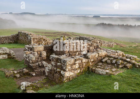 Mur d'Hadrien, Fort romain de Housesteads : les restes d'un petit établissement de bains dans le coin sud-est du bâtiment 15 sur un jour d'automne brumeux Banque D'Images