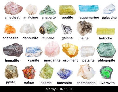 Collection géologique de diverses pierres minérales avec des descriptions - fluorite, de l'hématite, la phlogopite, l'halite, danburite, pétalite, castorite, heliodore, Banque D'Images