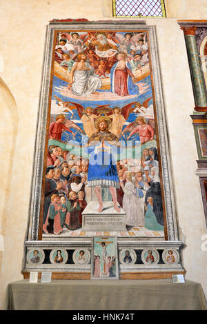 Saint-Sébastien, fresque médiévale de Benozzo Gozzoli (AD 1464), église de Saint-Augustin, San Gimignano, Toscane, Italie Banque D'Images