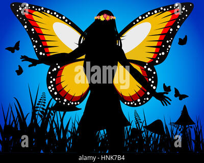 Fairy Queen Silhouette aux ailes de papillon et de fleurs couronne sur fond bleu foncé Banque D'Images