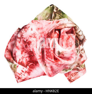 Foulard en Soie froissée rose et vert avec motif abstrait peint à la main en technique nodulaire isolé sur fond blanc Banque D'Images