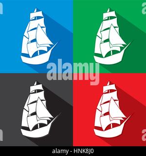 Bateau à voile Logo Vintage vector design modèle. Voilier Pirate antique silhouette concept Logo Icône. Sur le fond de couleur Illustration de Vecteur