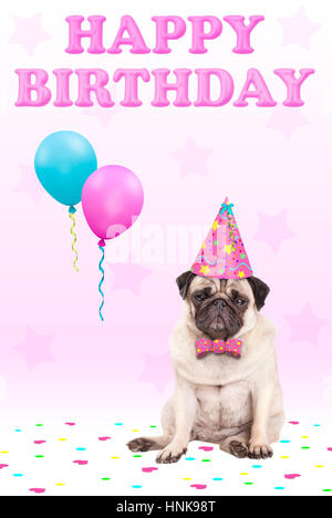 Cute puppy dog pug face grincheux avec chapeau de fête, de ballons, de confettis et de texte joyeux anniversaire, sur fond rose Banque D'Images