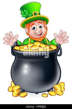 Un dessin de lutin St Patricks Day personnage avec un pot de pièces d'or Banque D'Images