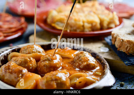 Libre de la plaque avec des boulettes de viande avec la seiche et quelques plaques avec un assortiment de charcuterie espagnole différents tels que du jambon serrano, chorizo ou c Banque D'Images
