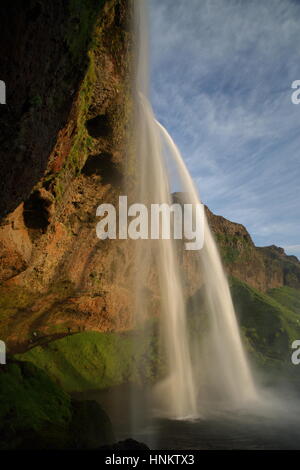 Cascade de Seljalandsfoss plongeant 60m de la falaise, au-dessus, Sudhurland, Islande Banque D'Images