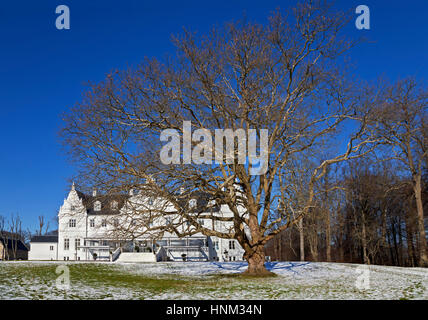 Kokkedal Castle Copenhague, un luxueux château hôtel en paysage d'hiver, un grand, vieux arbres sans feuilles à l'avant. Kokkedal entre Copenhague et d'Elseneur Banque D'Images