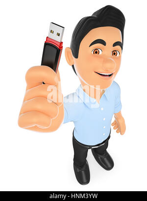 Les gens de travail 3d illustration. Technicien en technologie de l'information avec une clé usb. Isolé sur fond blanc. Banque D'Images