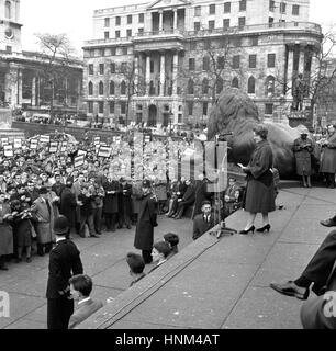 Des banderoles portant les noms Sharpeville et Langa ont lieu en altitude au cours d'une manifestation anti-apartheid à Trafalgar Square près de South Africa House. Plusieurs arrestations ont été faites lorsque l'on s'efforça d'organiser une contre-manifestation par les hommes qui sont arrivés dans les véhicules portant les mots 'Mosley pas Mau Mau'. Banque D'Images