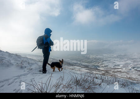 Grand Whernside, Yorkshire Dales, au Royaume-Uni. Feb 13, 2017. UK : Météo à admirer la vue - un goût personne et de chien profiter de les faire tomber dans le soleil sur un jour de neige sur Grand Whernside en haut de la vallée de Wharfedale, North Yorkshire, UK. Credit : Rebecca Cole/Alamy Live News Banque D'Images