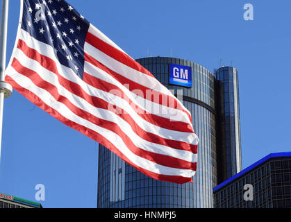 Fichier - Un fichier photo datée du 08 janvier 2017 montre la General Motors (GM) siège à Detriot, USA. Le constructeur automobile français PSA Peugeot Citroën envisage de prendre au cours de la filiale de General Motors Opel. Plusieurs initiatives stratégiques ont été envisagées, y compris l'acquisition d'Opel, PSA un porte-parole a déclaré à l'agence de presse allemande à Paris le 14 février 2017. Photo : Uli Deck/dpa Banque D'Images