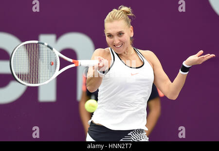 Doha, Qatar. Feb 15, 2017. Elena Vesnina de Russie renvoie une balle pendant le simple dames 1er tour match contre Christina Mchale des Etats-Unis lors de l'Open du Qatar 2017 WTA au complexe de tennis Khalifa International de Doha, Qatar, le 15 février 2017. Credit : Nikku/Xinhua/Alamy Live News Banque D'Images