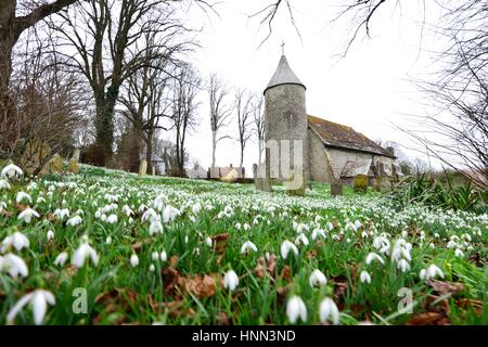 Southease, East Sussex 15 février 2017. Un tapis de perce-neige blanc brillant en Église cimetière Southease égayer une journée terne couvert dans le Sussex. Crédit : Peter Cripps/Alamy Live News Banque D'Images