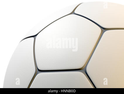 Gros plan d'un concept d'un ballon de soccer synthétique blanc dans une forme traditionnelle avec une surface texturée de fossette et incrustations gris foncé - 3D render Banque D'Images