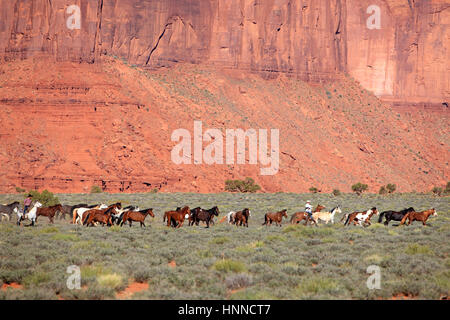 Cowboy Navajo, Mustang, (Equus caballus), Monument Valley, Utah, USA, Amérique du Nord, Cowboy et Mustang Banque D'Images