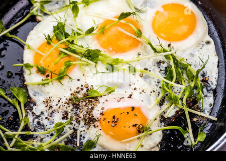 Oeufs au plat soutenu avec les pois frais sprouting Banque D'Images