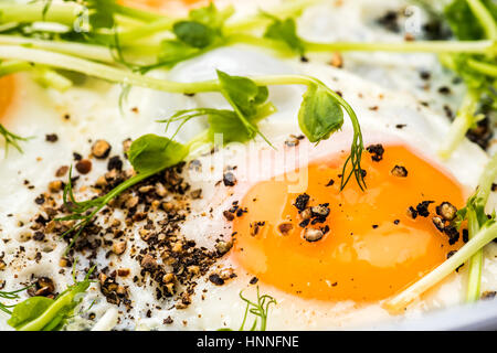 Oeufs au plat soutenu avec les pois frais sprouting Banque D'Images