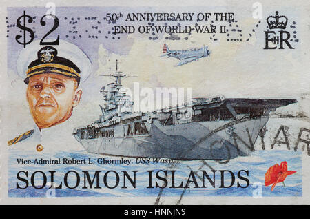 Timbres des Îles Salomon le vice-amiral Robert Ghormley USS Wasp Banque D'Images