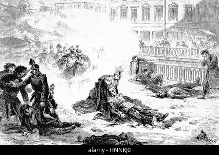 Alexandre II de Russie (1818-1881) son assassinat en Peresburg-le 13 mars 1881, dessiné par Gustav Broling pour l'Allgemeine Illustrirte Zeitung. Banque D'Images