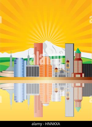 Le centre-ville de Portland en Oregon avec Mount Hood au lever du soleil Illustration Illustration de Vecteur