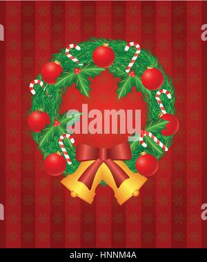 Couronne de Noël avec des décorations d'arbre Candy Cane feuille de houx cloches et baies Illustration Bow Illustration de Vecteur