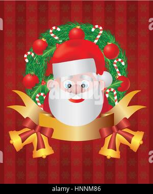 Père Noël en couronne de Noël avec des décorations d'arbre Candy Cane feuille de houx cloches et baies Illustration Bow Illustration de Vecteur
